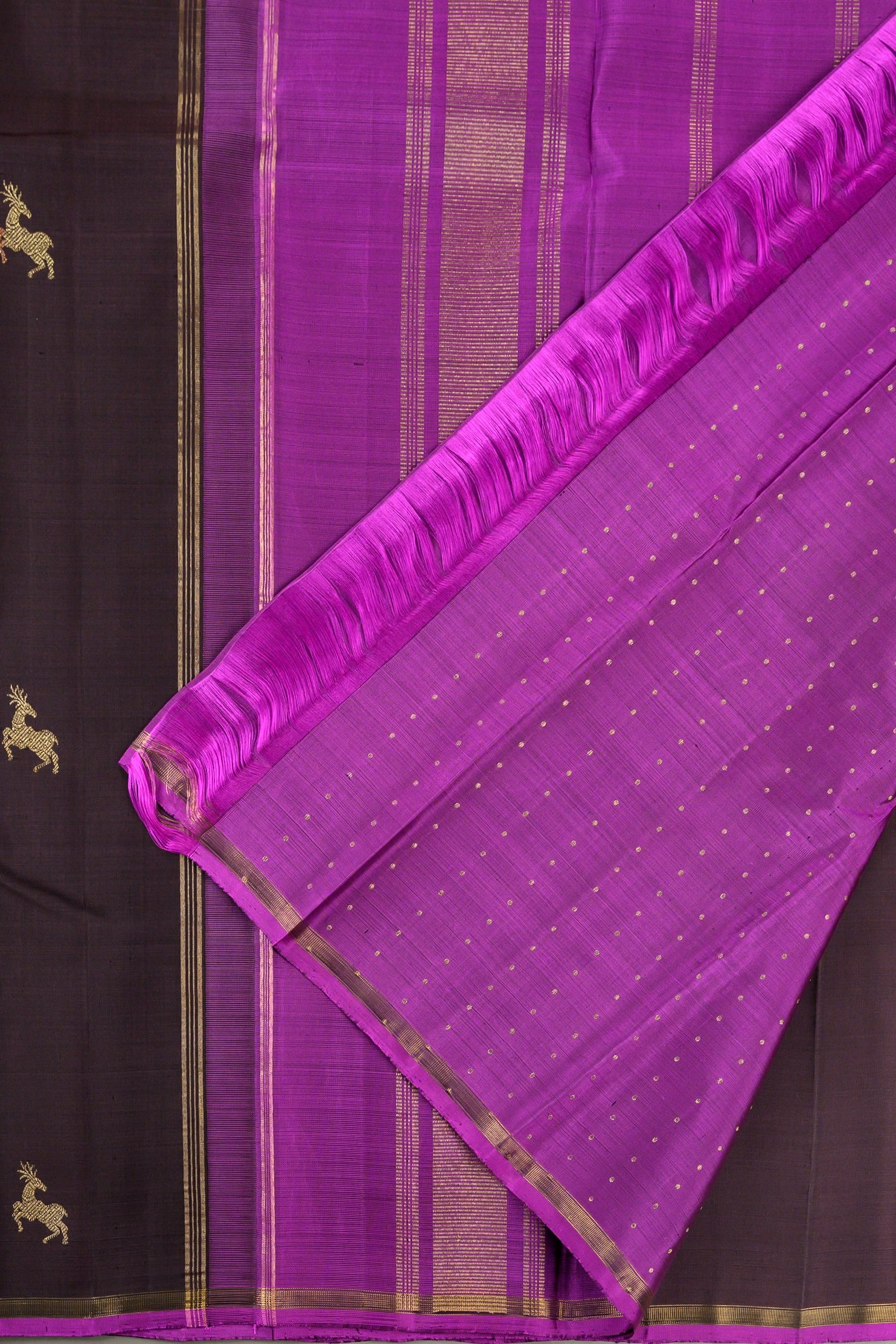 Borderless Dark Brown Saree with Maan butta