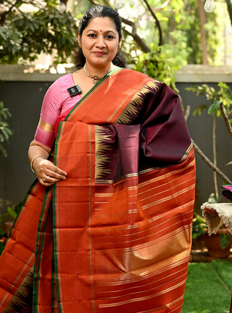 Ettu Kol Kanjivaram Dark Brown with Orange Brown Border