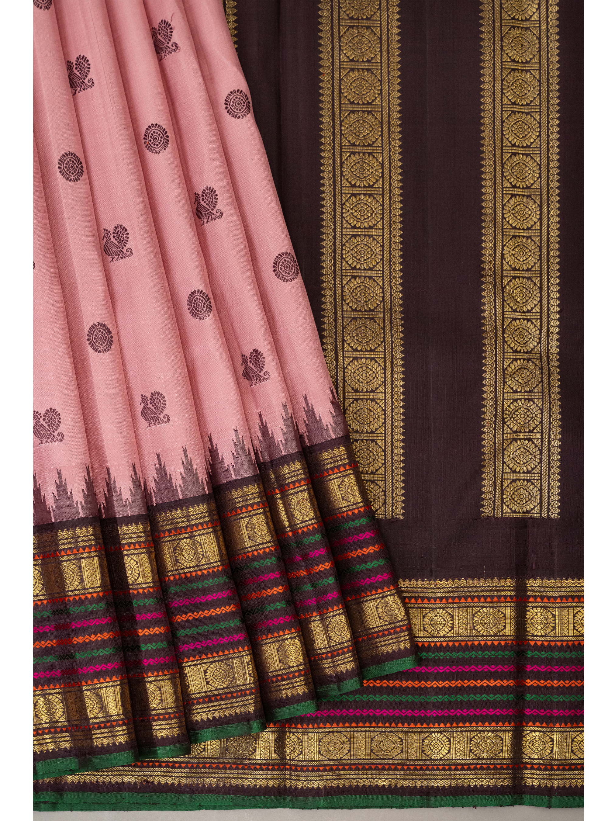 Geva Pink  Korvai with Dark Coffee Brown Varisapettu Border