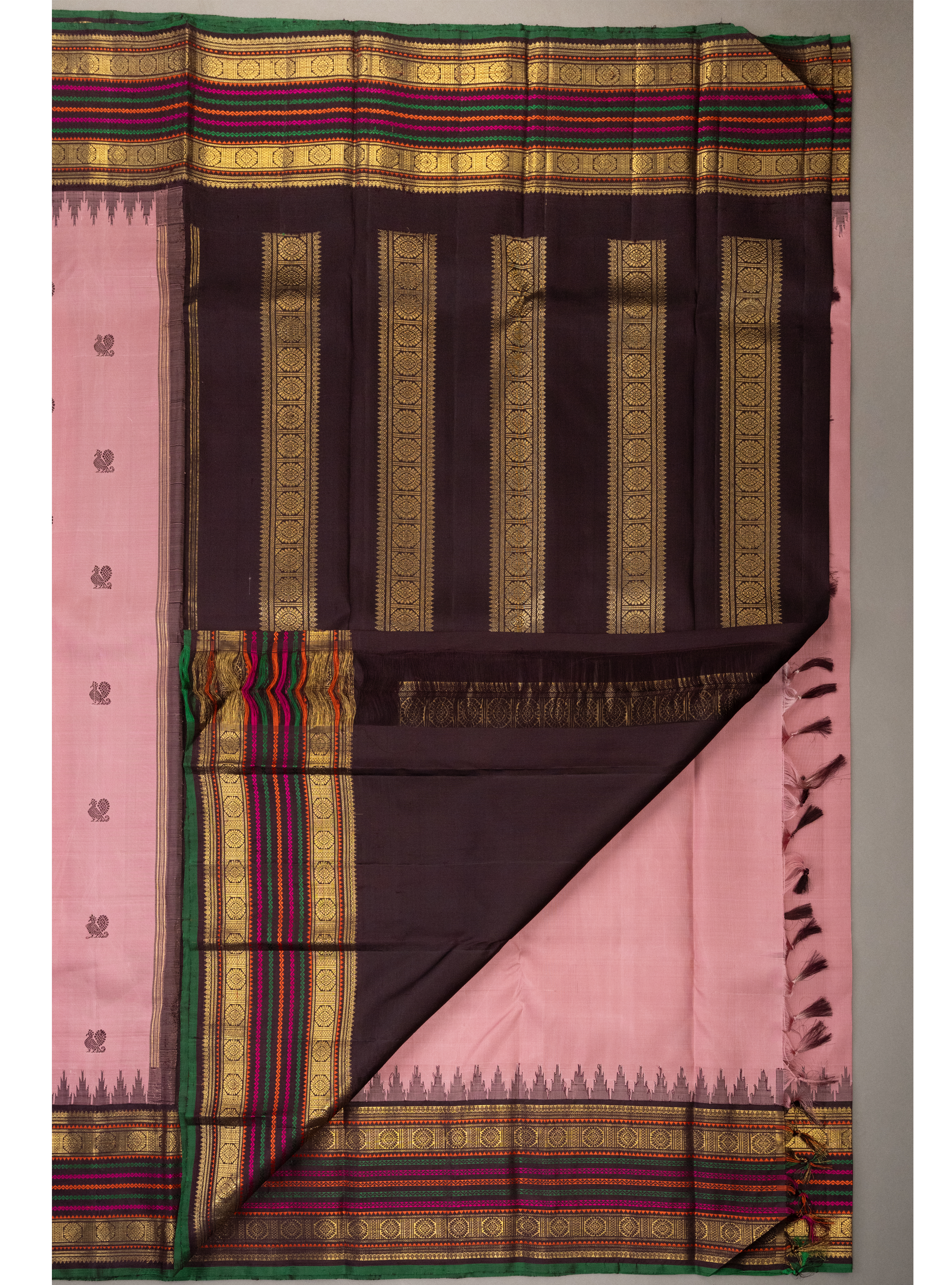 Geva Pink  Korvai with Dark Coffee Brown Varisapettu Border