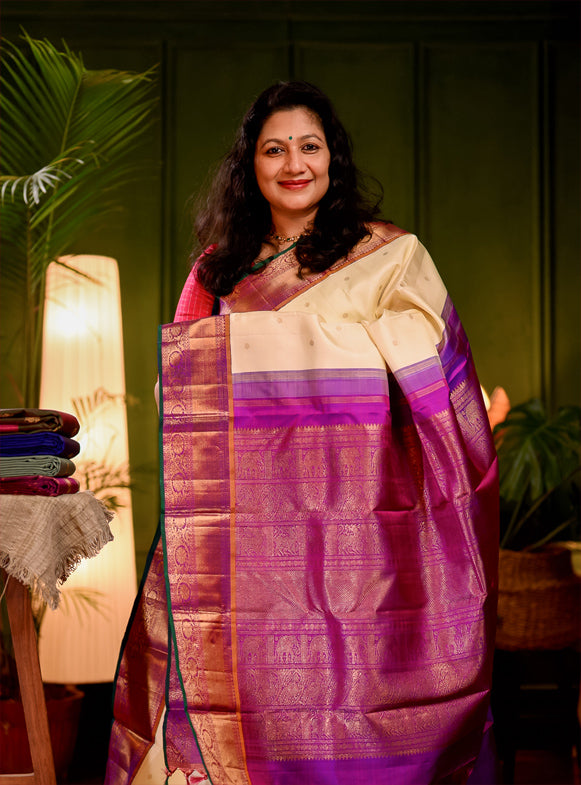 Milk White and Purple Korvai Kanjivaram