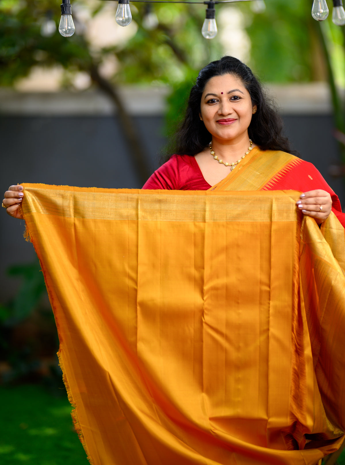 Red Korvai Kanjivaram with Mustard Border and Pallu