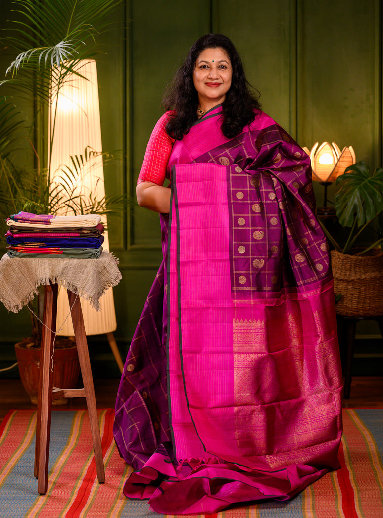 Purple and magenta Kattam Kanjivaram