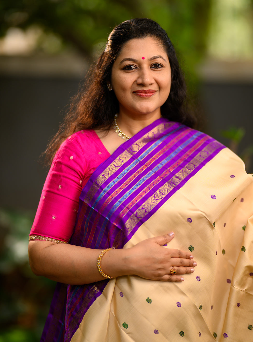 Pure silk, pure zari Kanchivaram Korvai Ganga Jamuna in a beautiful tussar beige body
