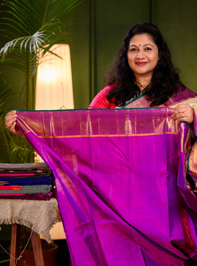 Milk White and Purple Korvai Kanjivaram