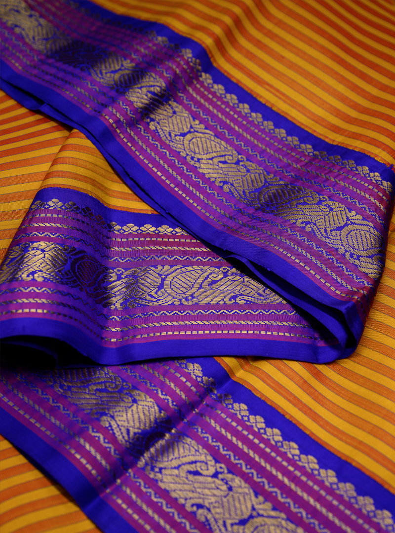 Master Weaver Collection Yellow / Rust Orange and MS Blue Korvai Kanjivaram