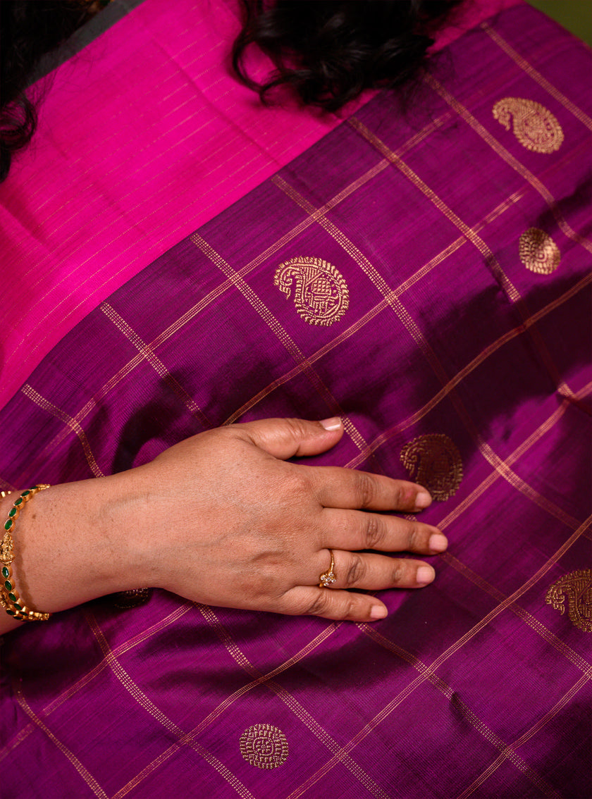 Purple and magenta Kattam Kanjivaram