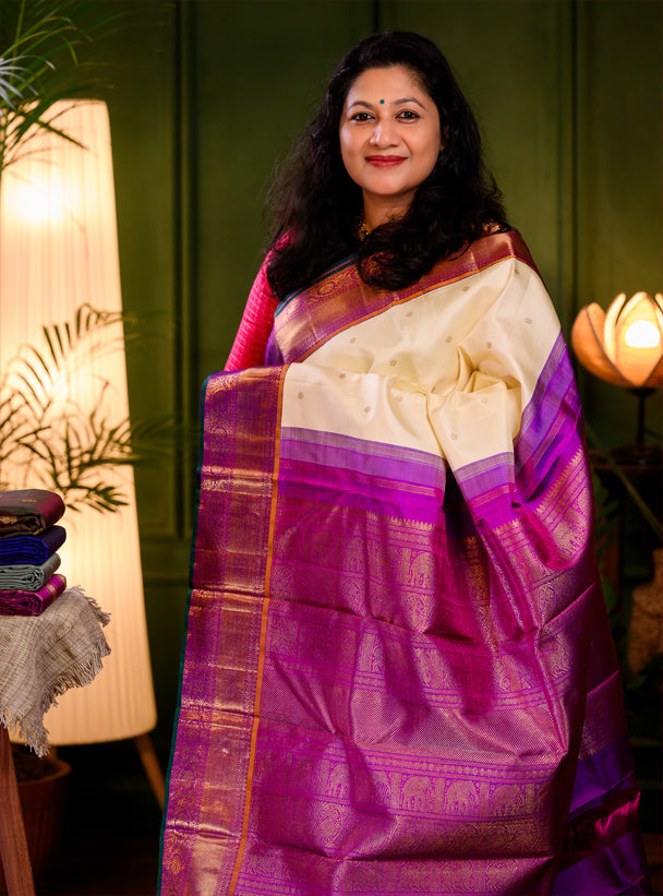 Milk White and Purple Korvai Kanjivaram