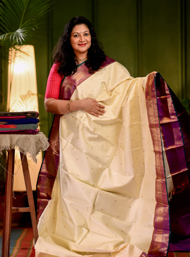 Milk White and Purple Korvai Kanjivaram