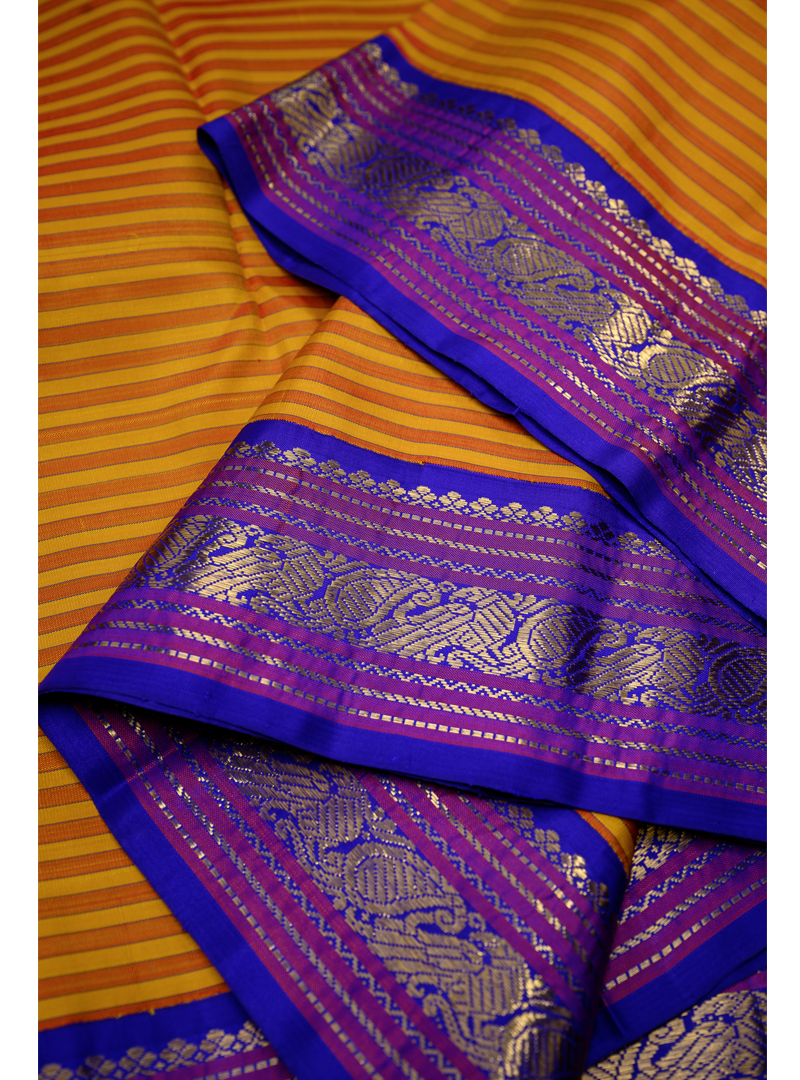 Master Weaver Collection Yellow / Rust Orange and MS Blue Korvai Kanjivaram