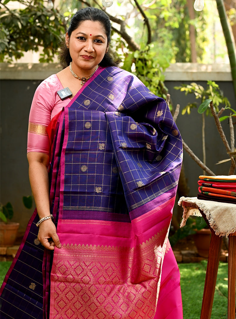 Navy Blue Zari Checks