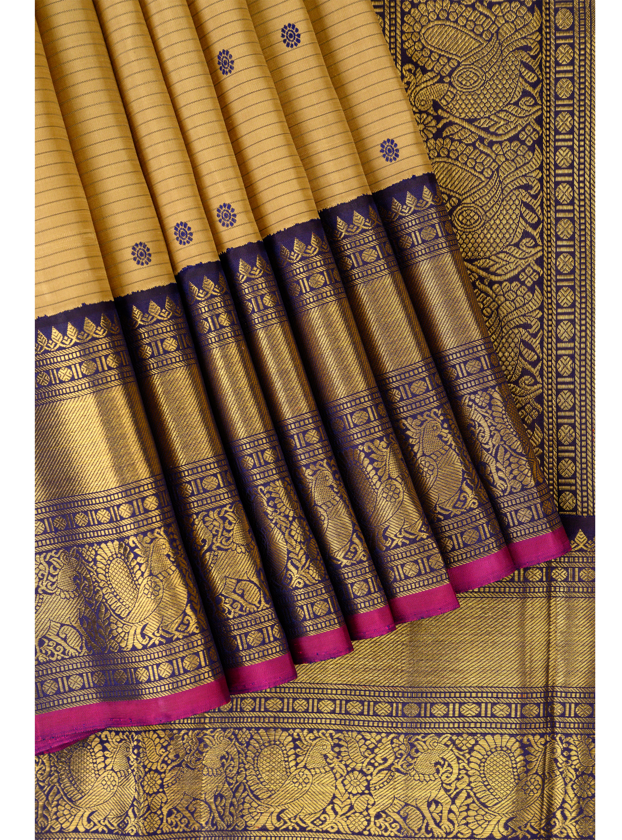 Oosi Korvai in sandal yellow body and dark blue border