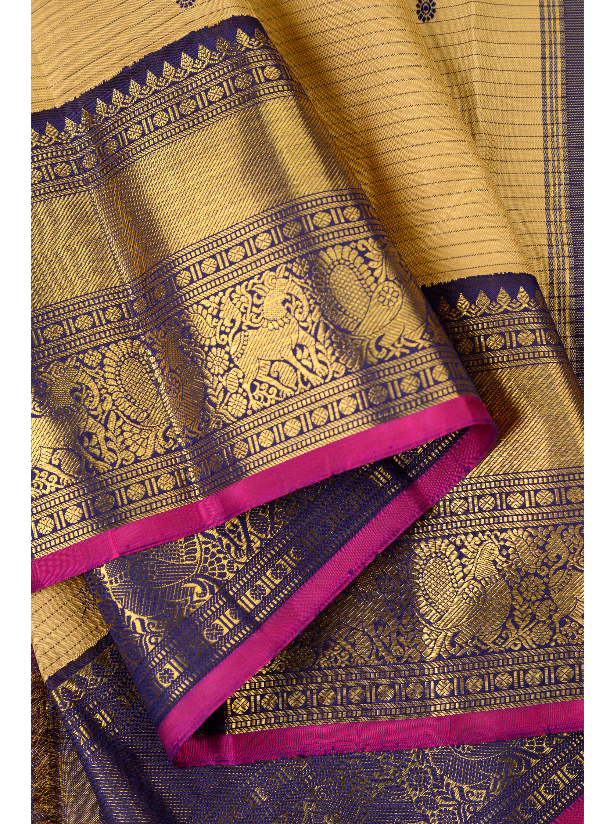 Oosi Korvai in sandal yellow body and dark blue border