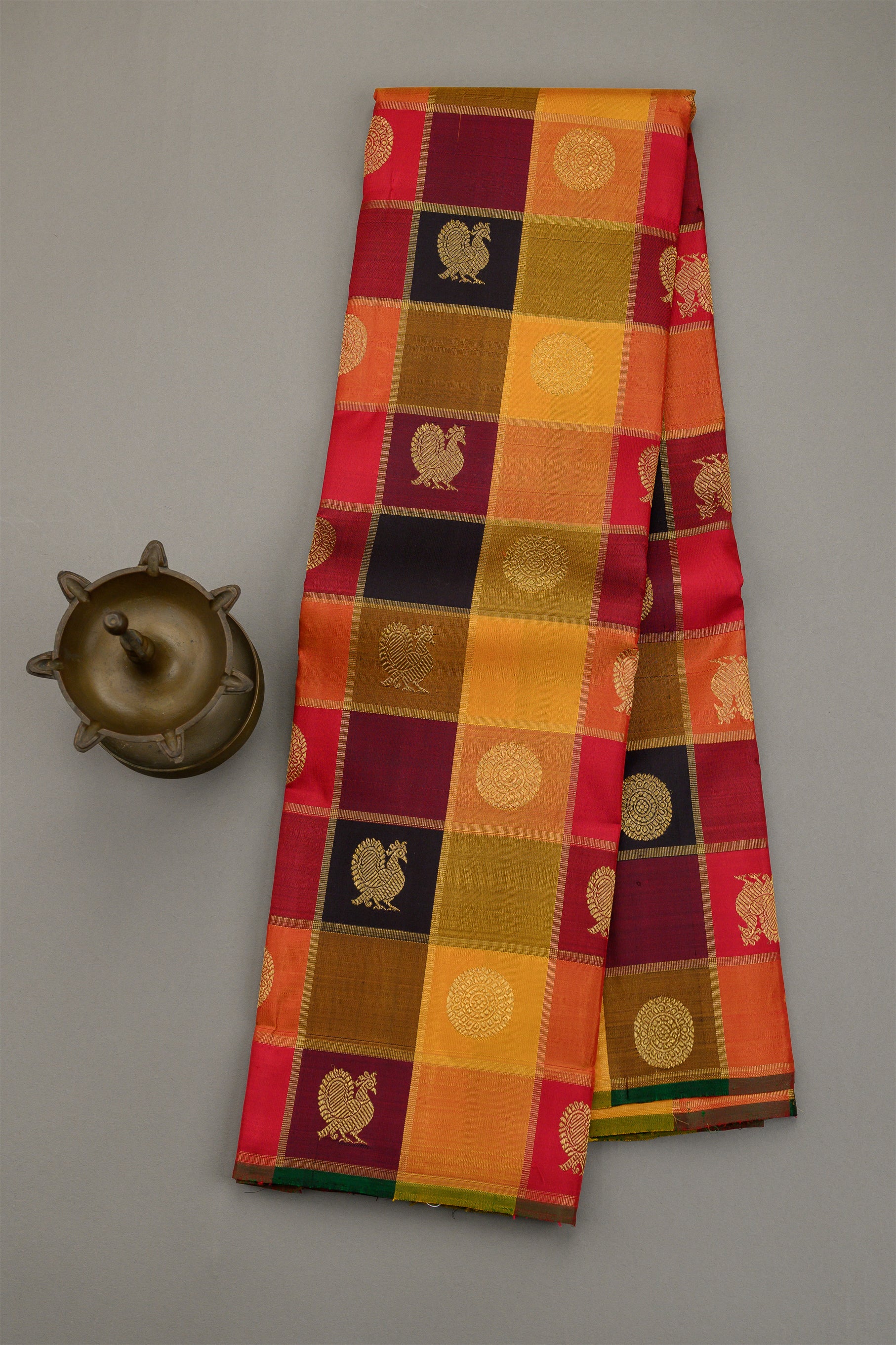 Paalum Pazhavum Borderless with arakku, orange, mustard, maroon and black checks
