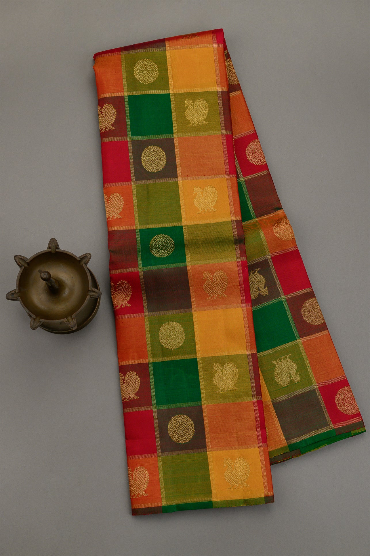 Paalum Pazhavum Borderless with arakku, green, mustard and orange checks