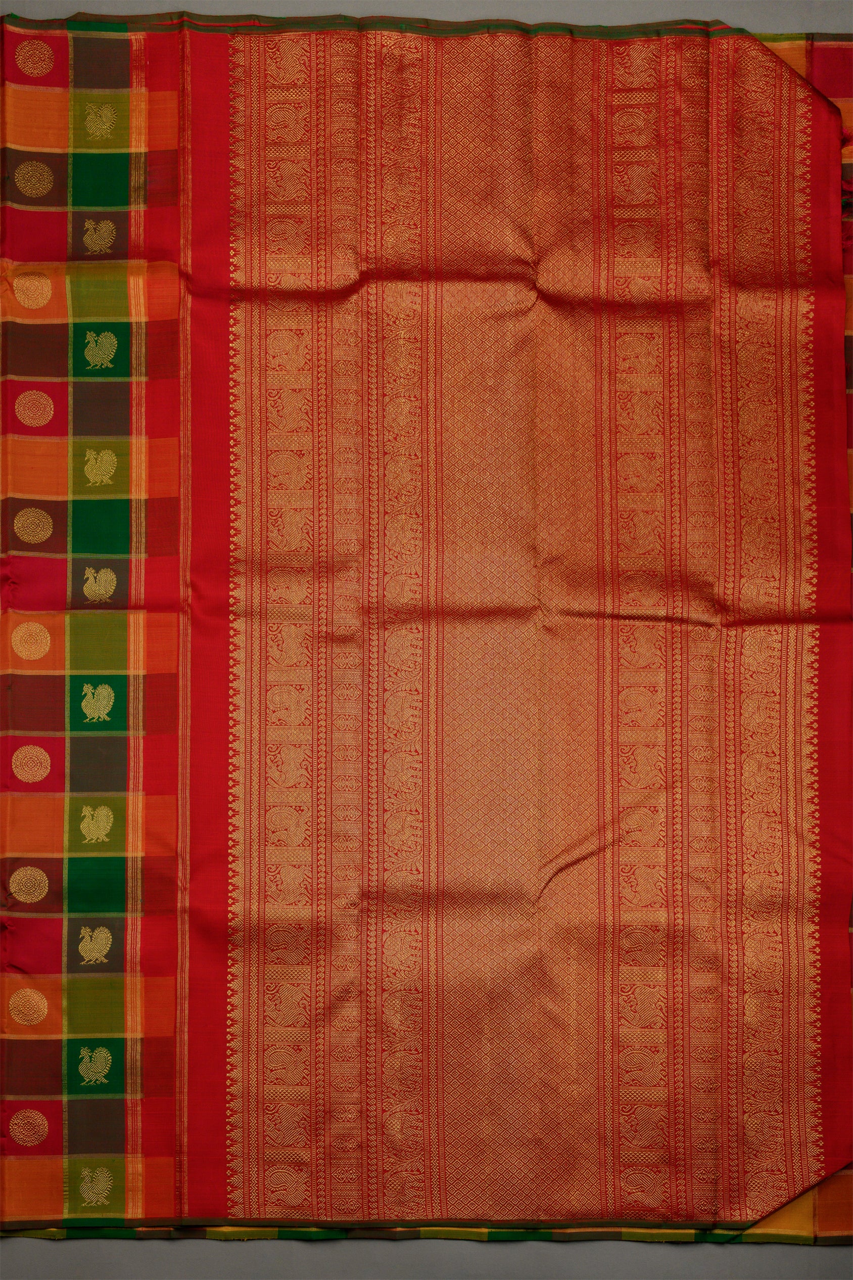 Paalum Pazhavum Borderless with arakku, green, mustard and orange checks
