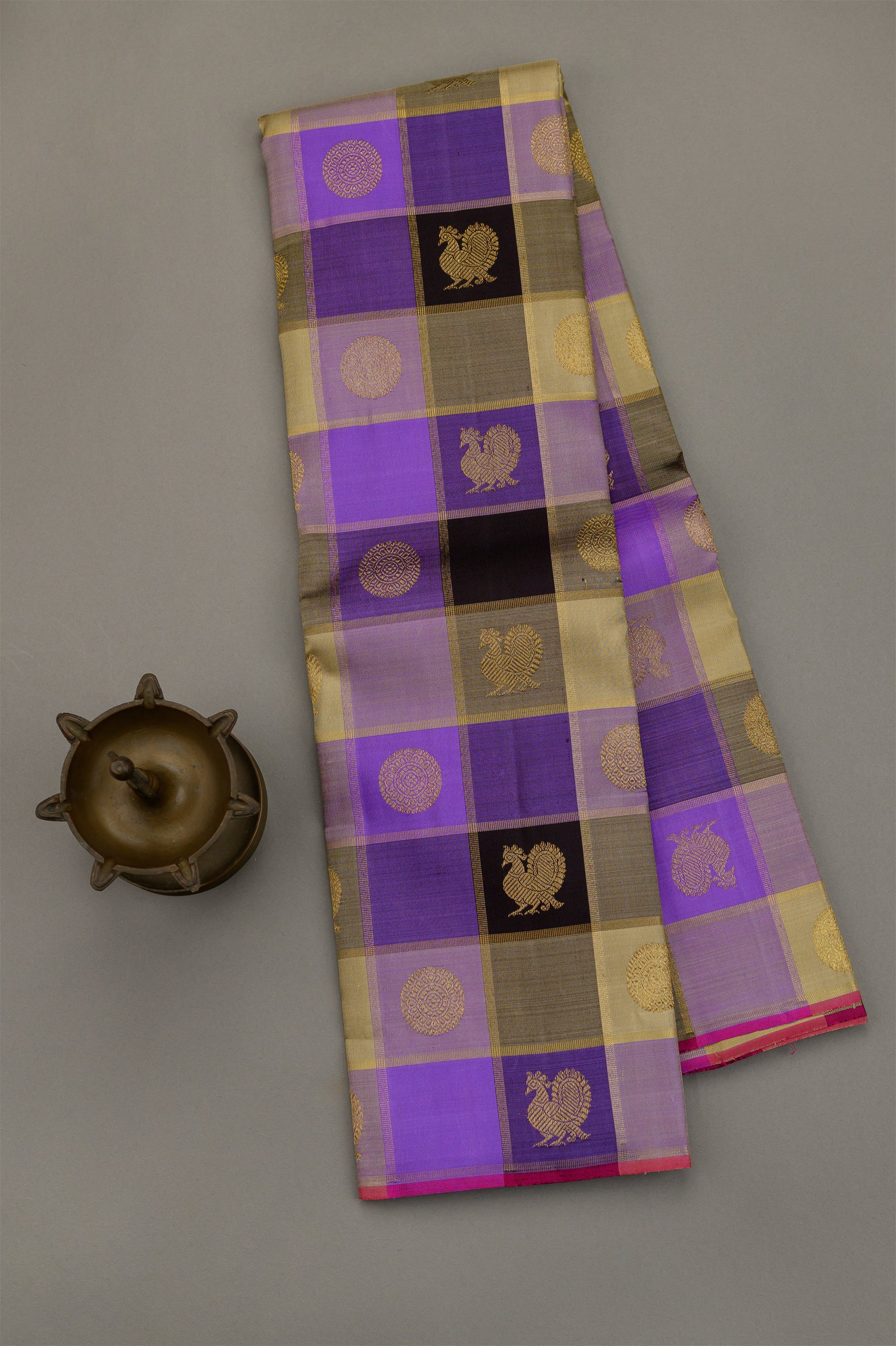Paalum Pazhavum Borderless with deep purple, lilac and dark coffee brown checks