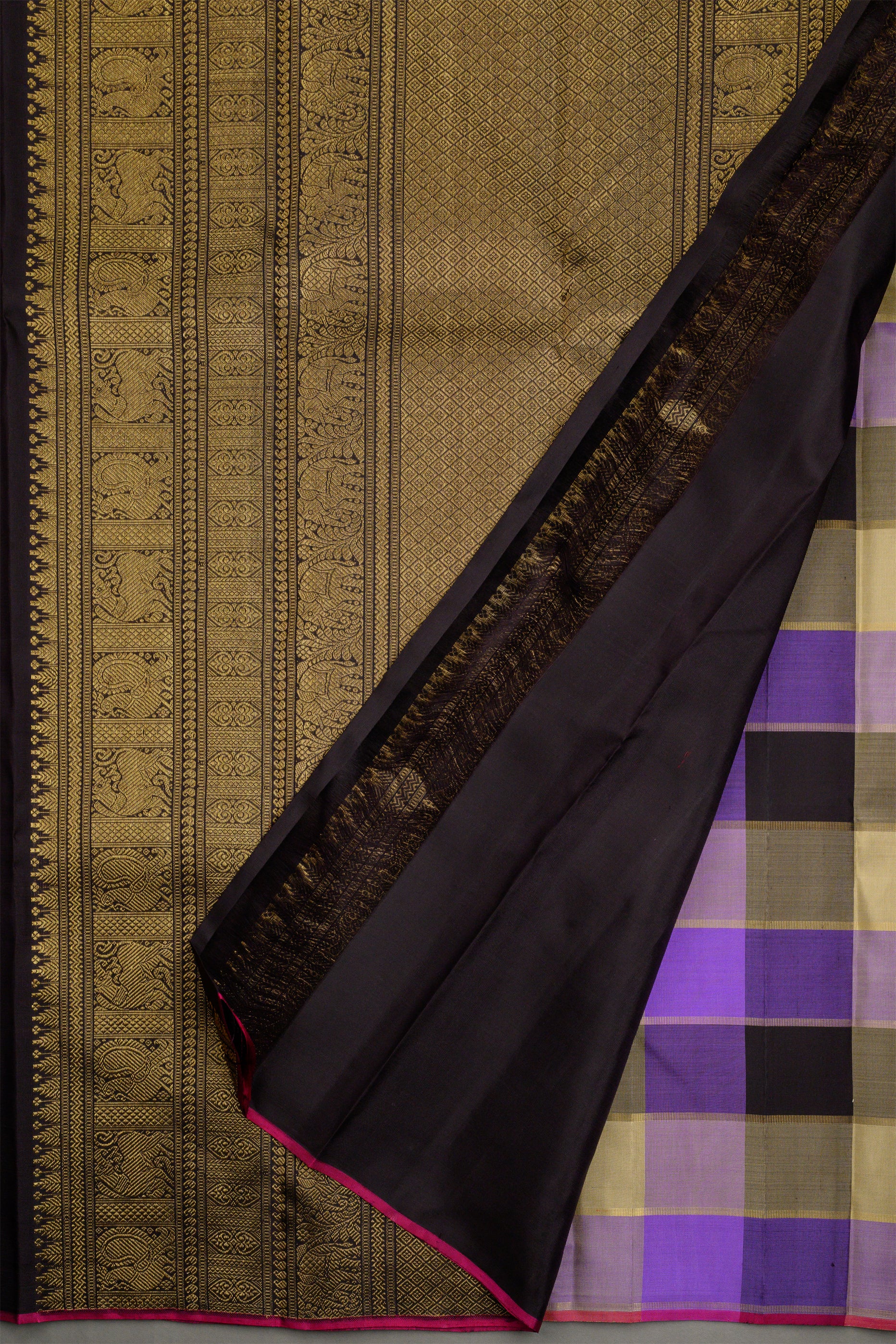 Paalum Pazhavum Borderless with deep purple, lilac and dark coffee brown checks