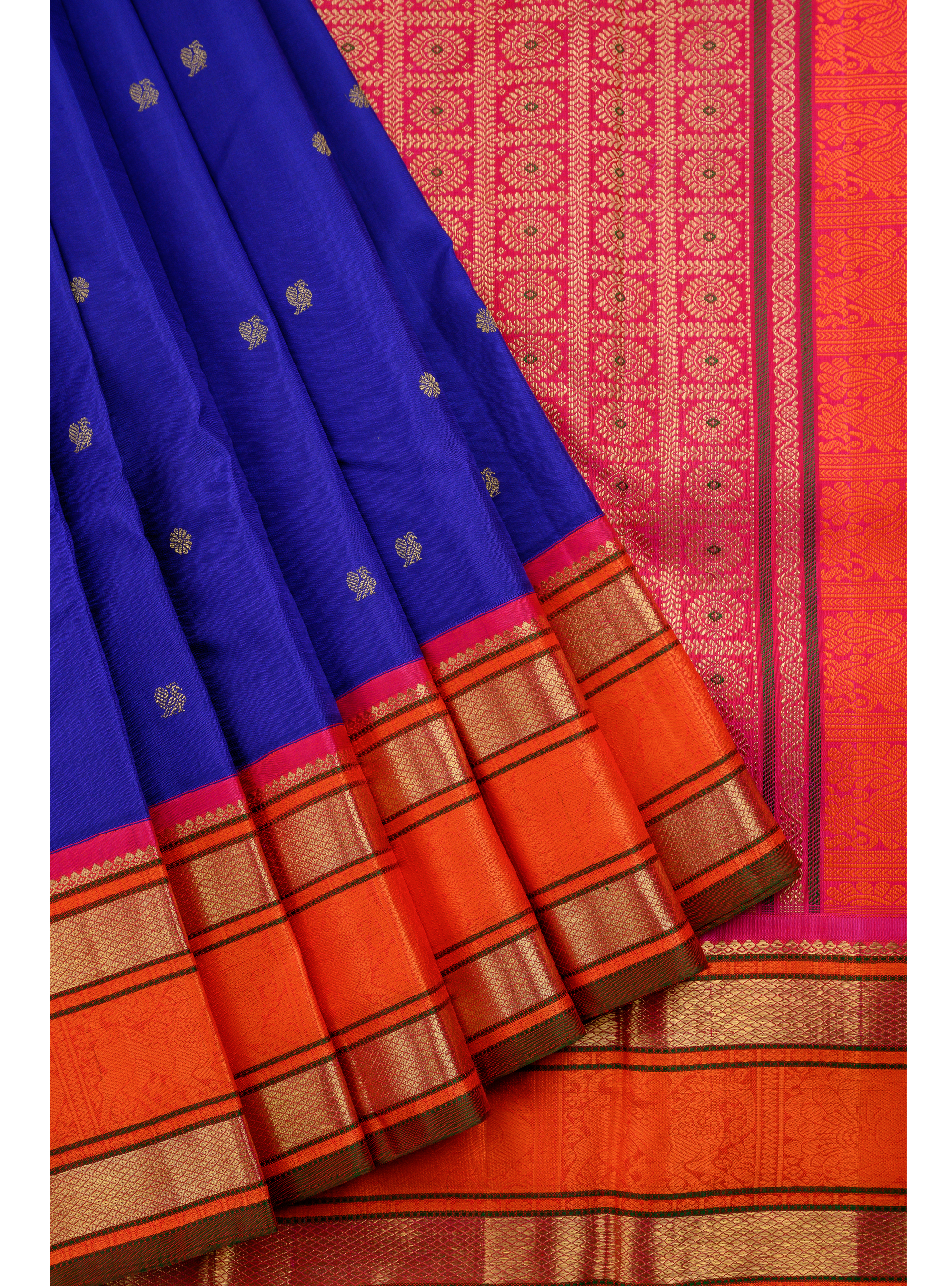Royal Blue Korvai Kanjivaram Saree with Orange Rettapettu border