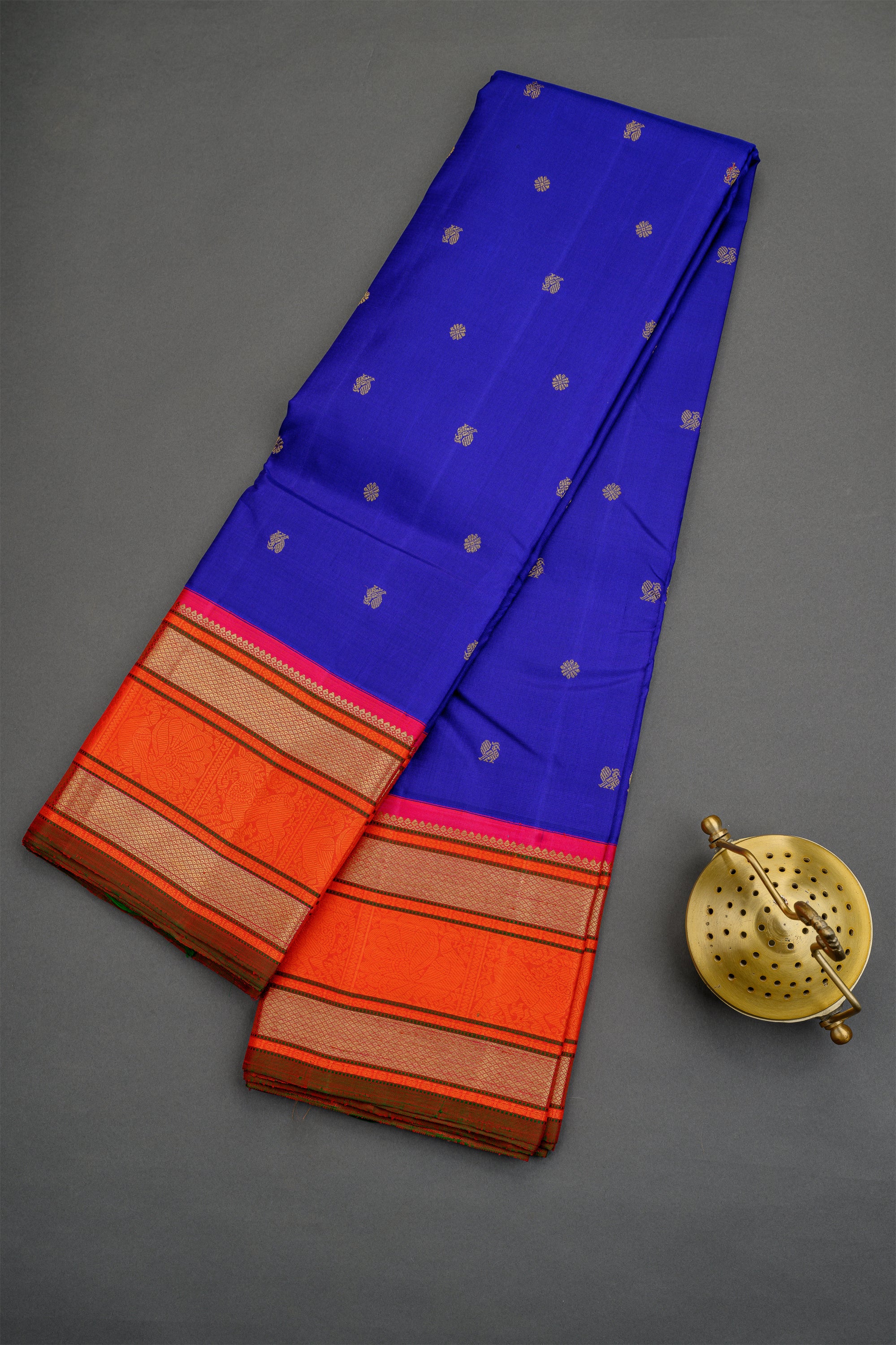 Royal Blue Korvai Kanjivaram Saree with Orange Rettapettu border