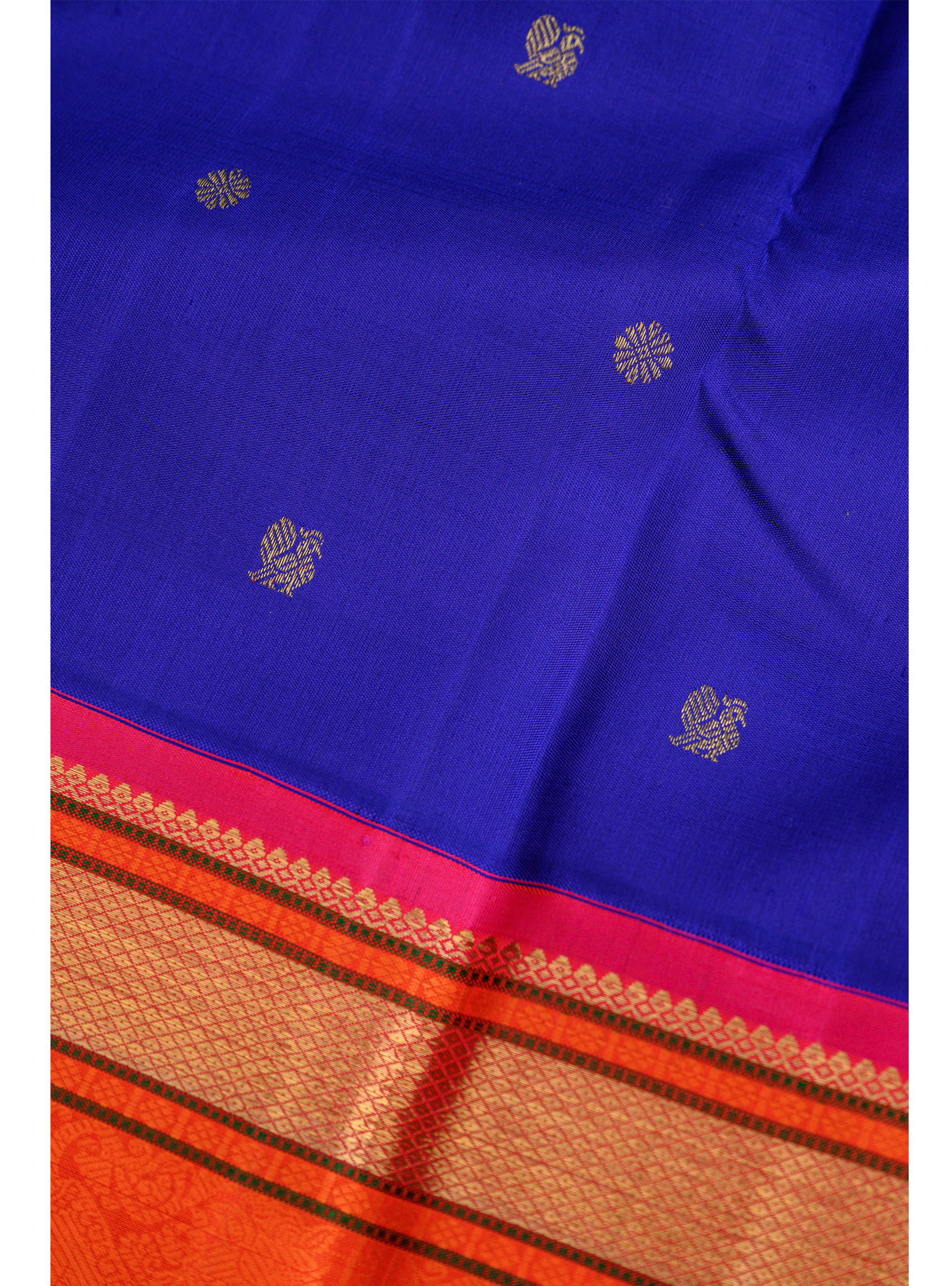 Royal Blue Korvai Kanjivaram Saree with Orange Rettapettu border