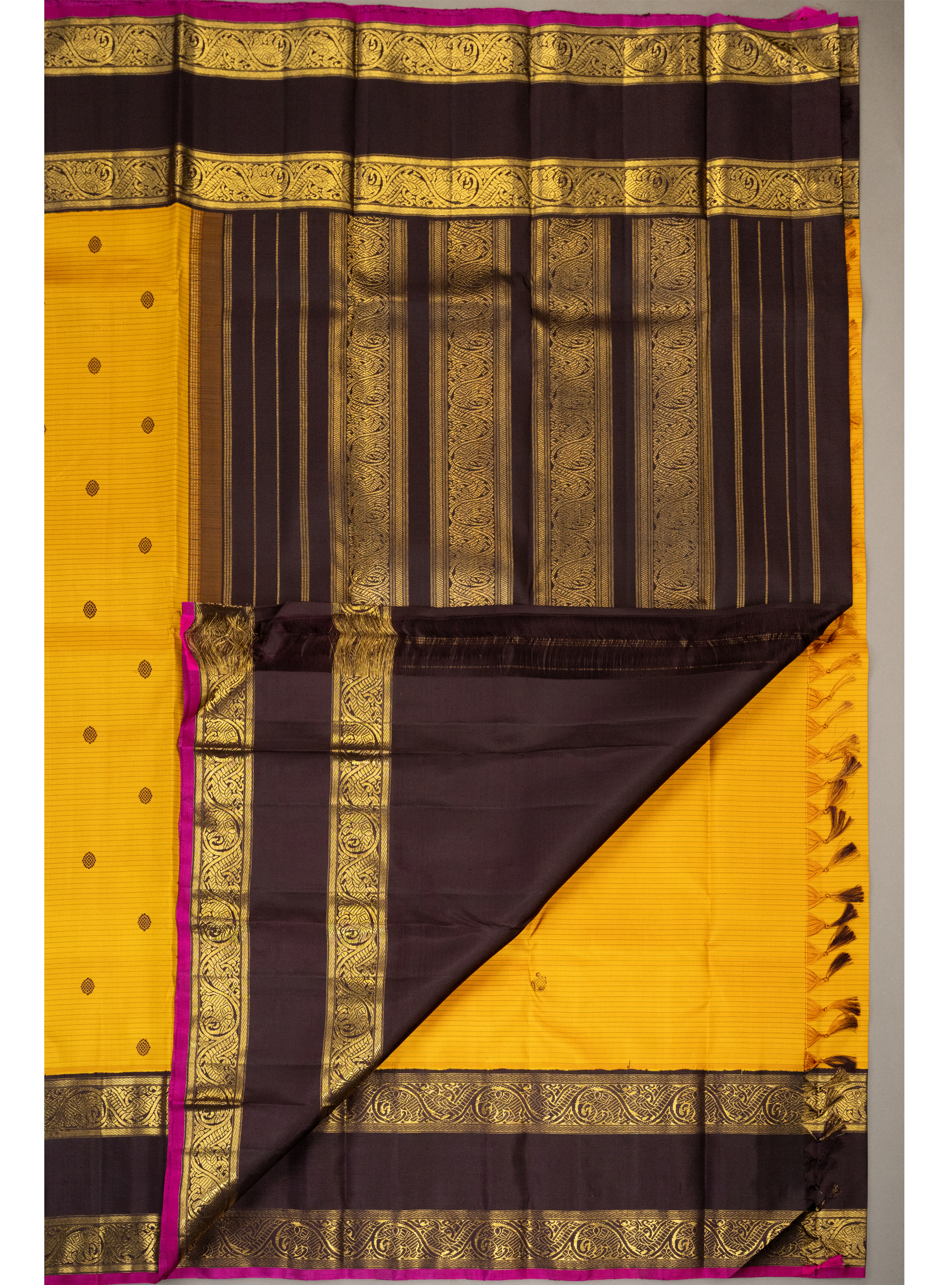 Turmeric Yellow Pattu Oosi Korvai with Coffee brown rettapettu Border