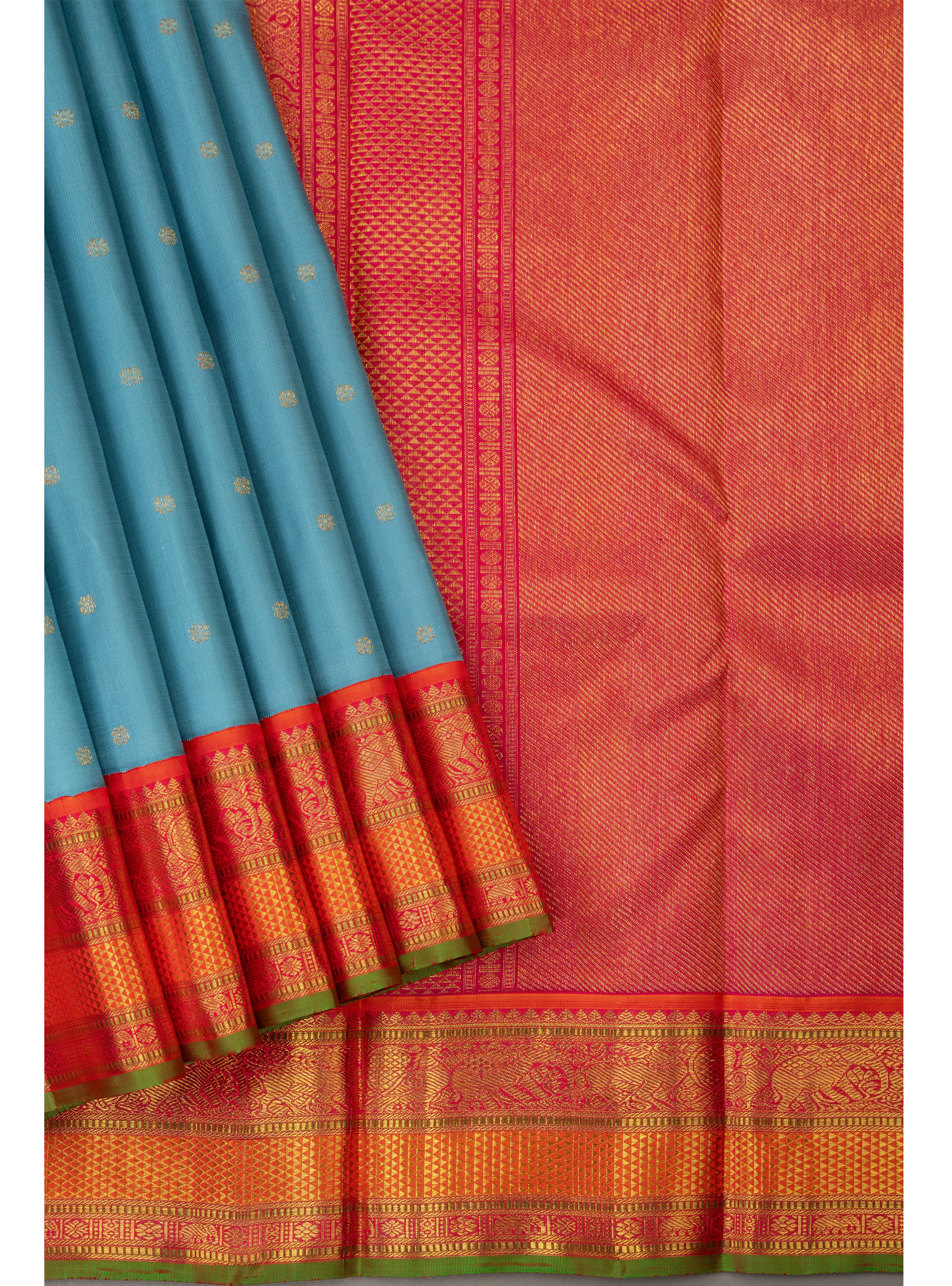 Turquoise blue saree with Orange Korvai border