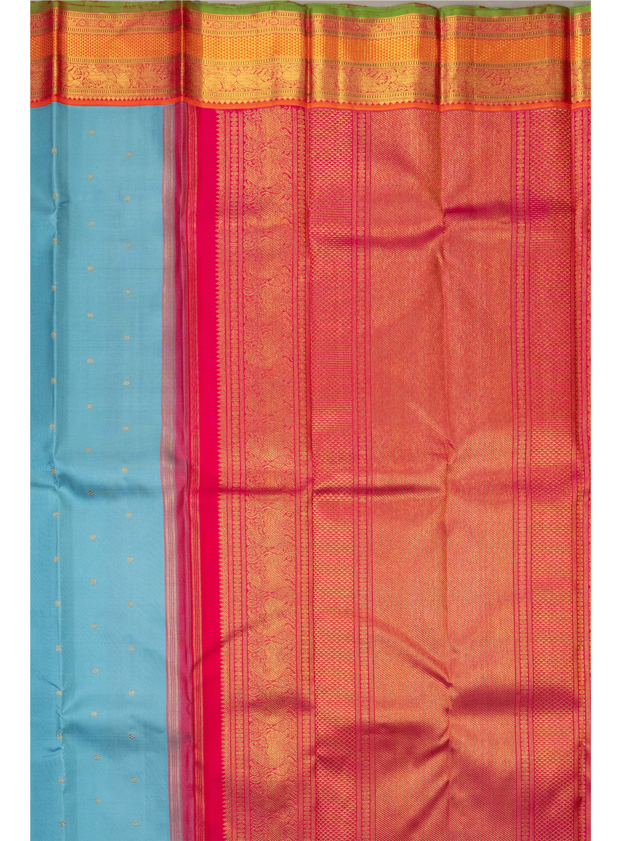 Turquoise blue saree with Orange Korvai border