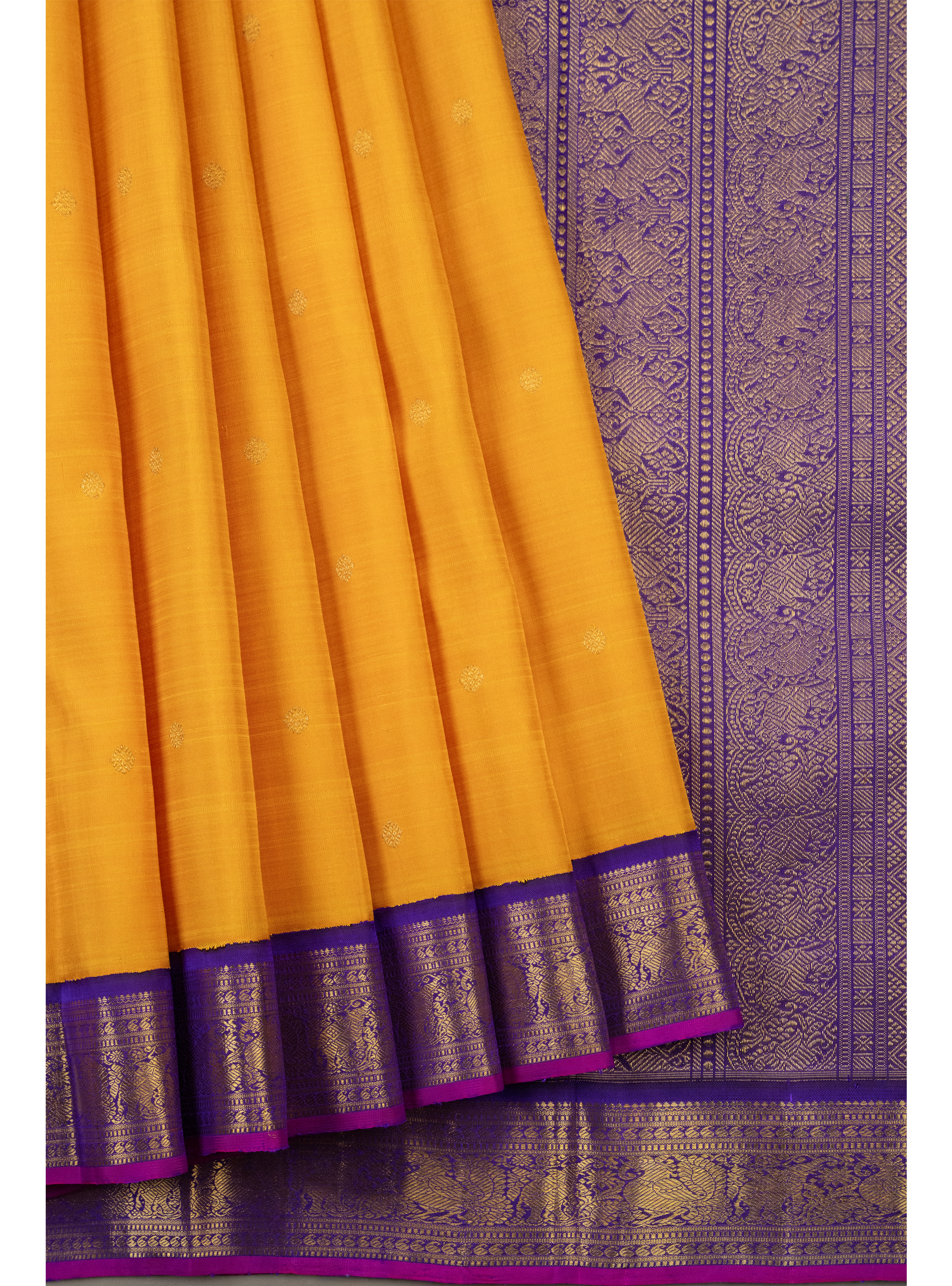 VibrantYellow Korvai with purple border Kanjivaram