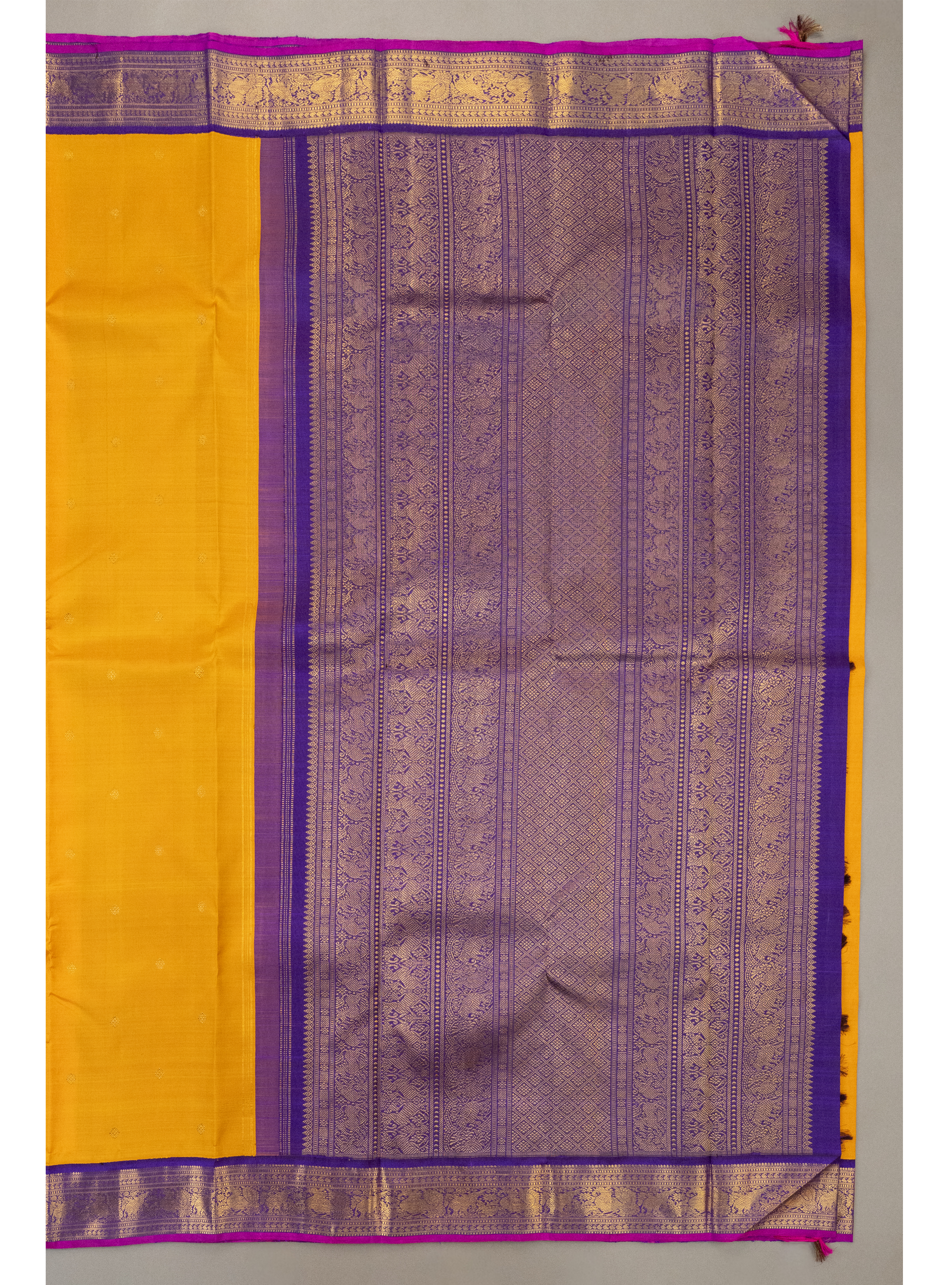 VibrantYellow Korvai with purple border Kanjivaram
