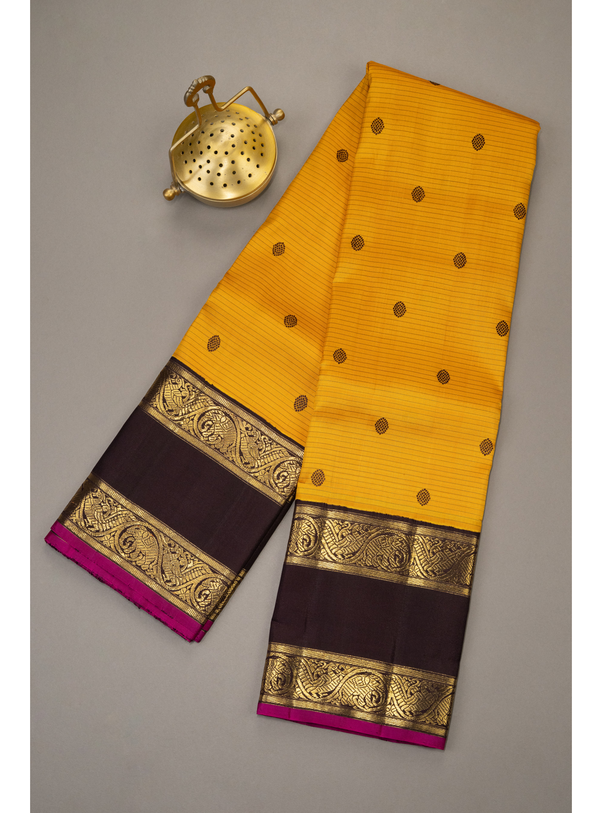 Turmeric Yellow Pattu Oosi Korvai with Coffee brown rettapettu Border