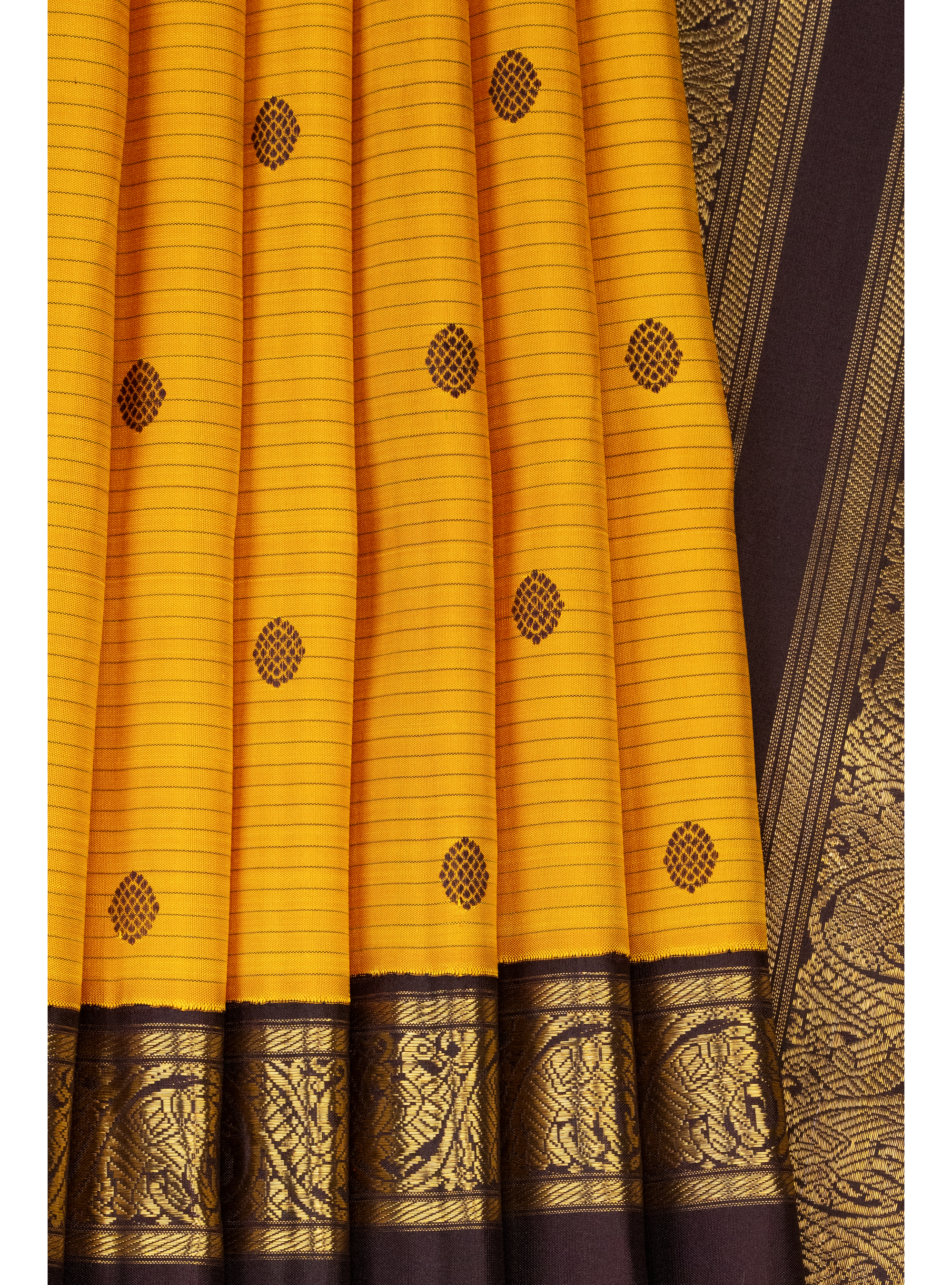 Turmeric Yellow Pattu Oosi Korvai with Coffee brown rettapettu Border